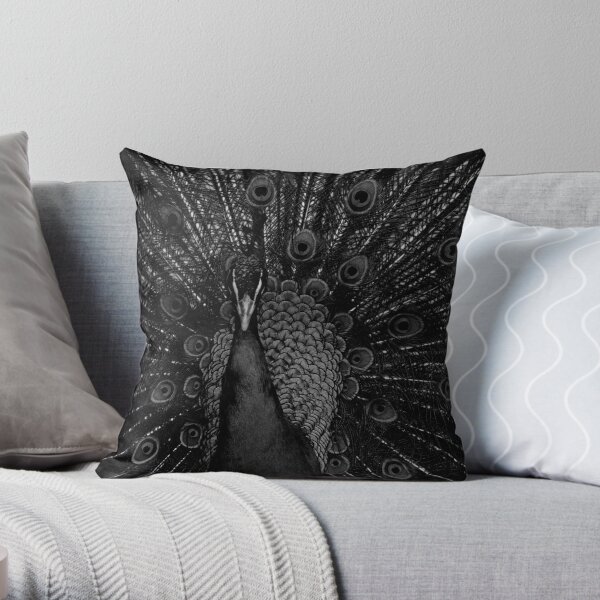 Peacock in black and white Throw Pillow
