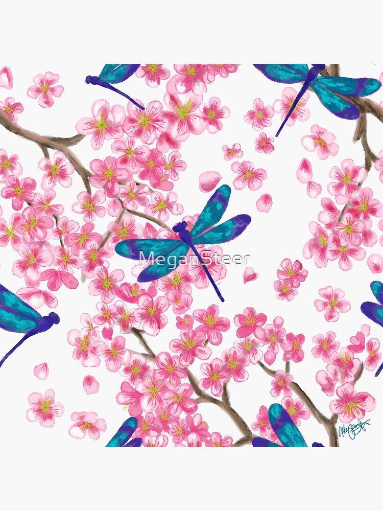 Artwork view, Dragonflies and Cherry Blossoms designed and sold by MeganSteer