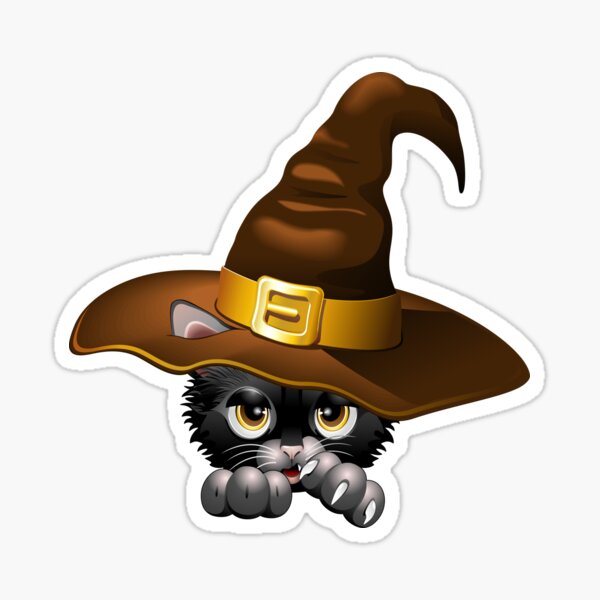 Black Kitty Cartoon With Witch Hat Sticker