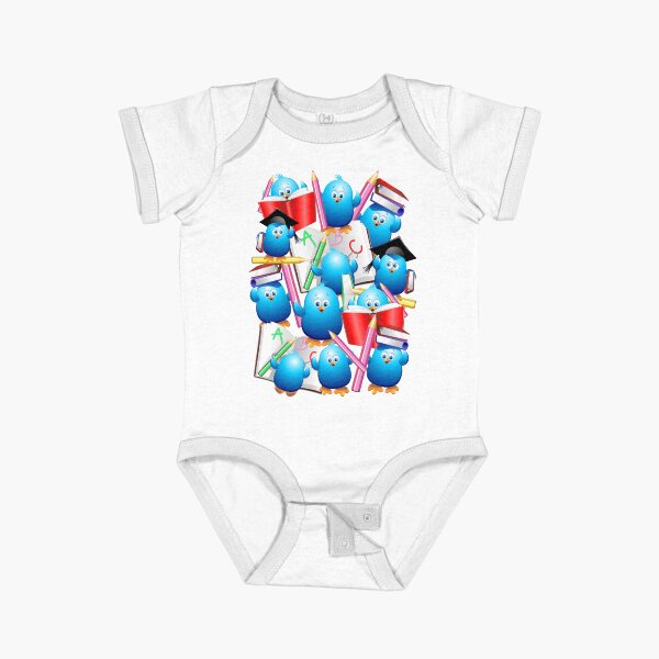 Back to School Cute Blue Birds Short Sleeve Baby One-Piece