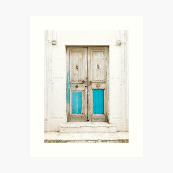 Old wooden door with turquoise paint residue Art Print