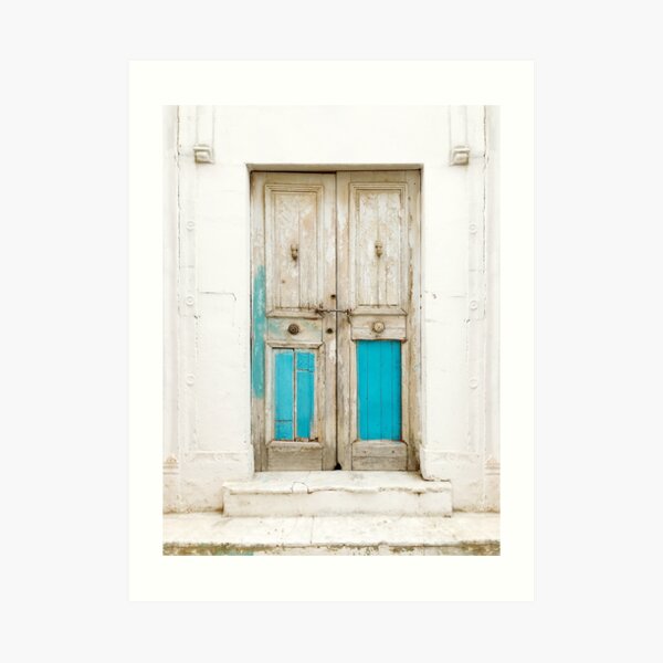 Old wooden door with turquoise paint residue Art Print