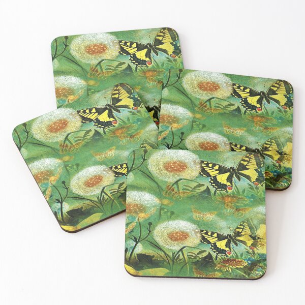 Item preview, Vintage Fairy Dandelions and pretty yellow butterflies sparkle green Art piece designed and sold by August-E.