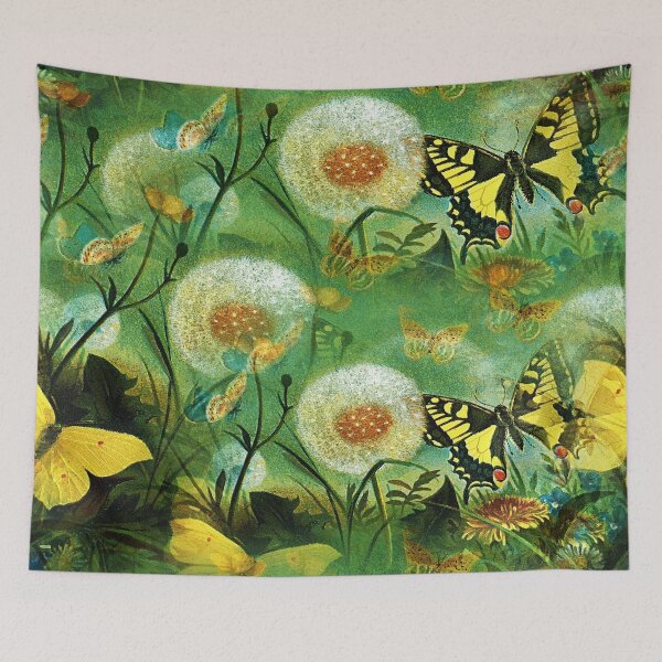 Item preview, Vintage Fairy Dandelions and pretty yellow butterflies sparkle green Art piece designed and sold by August-E.