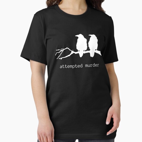 Vista previa del artículo con la obra «Intento de asesinato Camiseta divertida del pájaro del cuervo (texto blanco)», diseñado y vendido por BirdWorksRI.