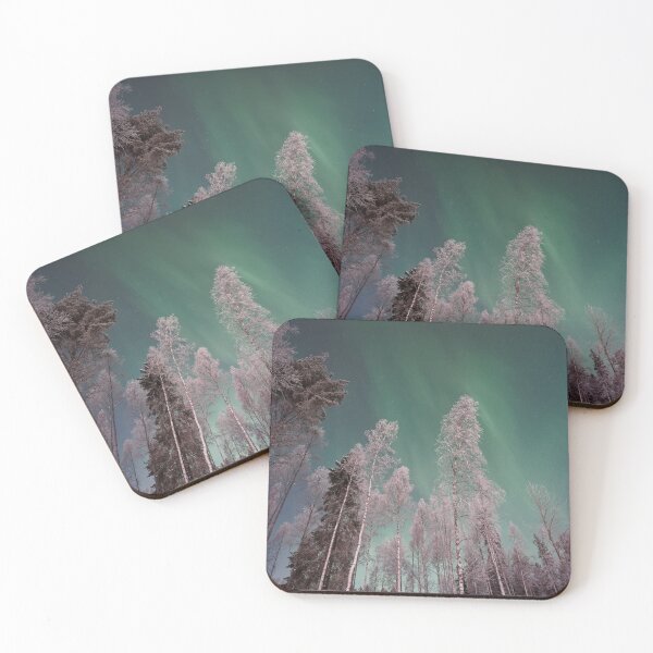 Item preview, Neon green lights Alaska night scenic Northern lights snow pines forest designed and sold by August-E.