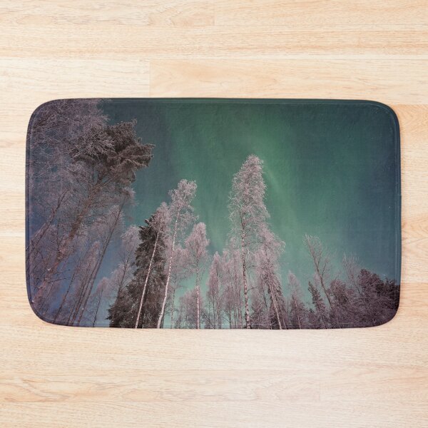 Item preview, Neon green lights Alaska night scenic Northern lights snow pines forest designed and sold by August-E.