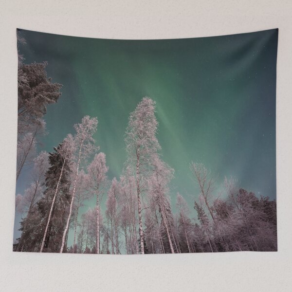 Item preview, Neon green lights Alaska night scenic Northern lights snow pines forest designed and sold by August-E.