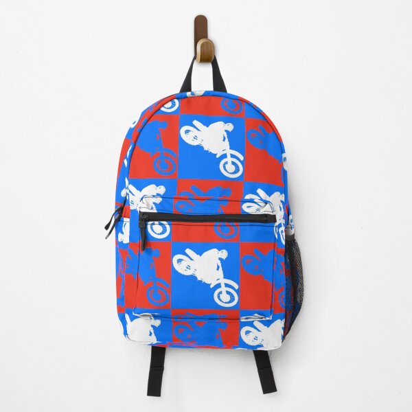 Red, white and blue dirt bike motocross rider repeating pattern Backpack