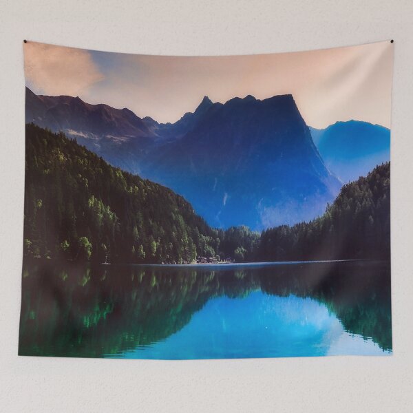 Item preview, Blue hills dawn lake side green forest countryside scenic view designed and sold by August-E.