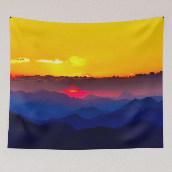 Item preview, Austria yellow sky silhouette dark blue mountains countryside scenery designed and sold by August-E.