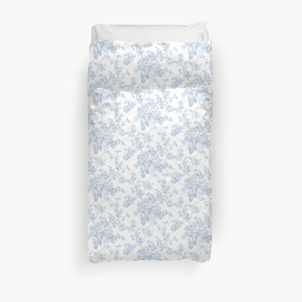 Toile, Dusty Blue Vintage Roses Pattern Duvet Cover