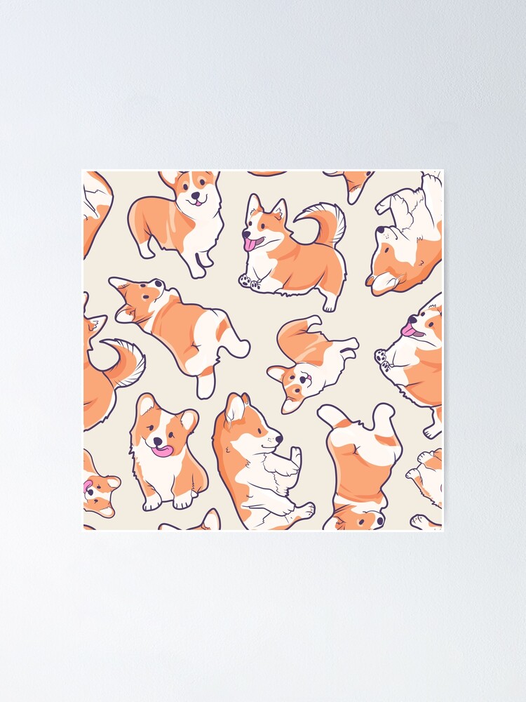 Cute Pembroke Welsh Corgis Pattern Nude Neutral Beige Poster For