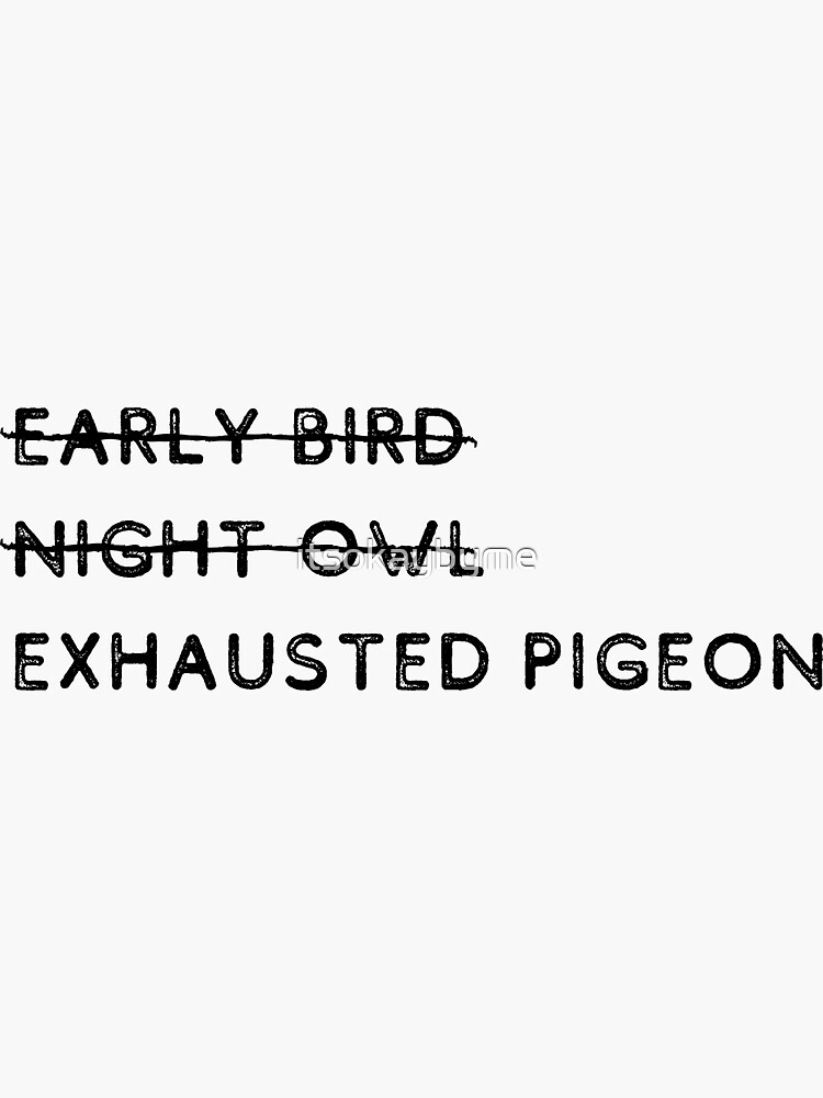 "Early Bird, Night Owl, Exhausted Pigeon" Sticker for Sale by