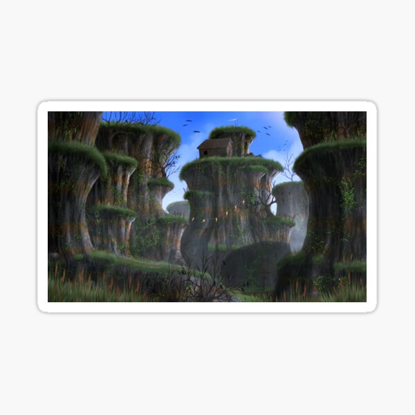 Crow Valley Mystical Fantasy Landscape with grassy rock pillars Sticker