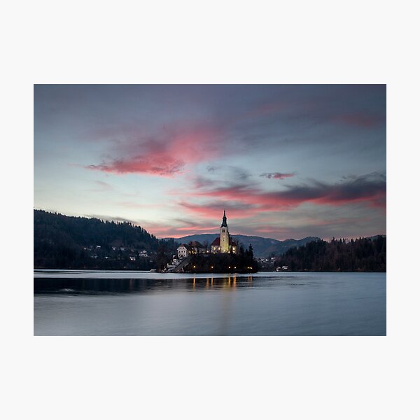 Sunset on the island and lake of Bled Photographic Print
