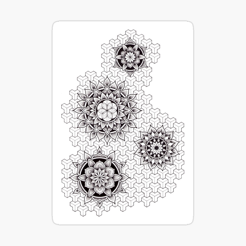 Four pen and ink dotwork mandalas with a geometric pattern