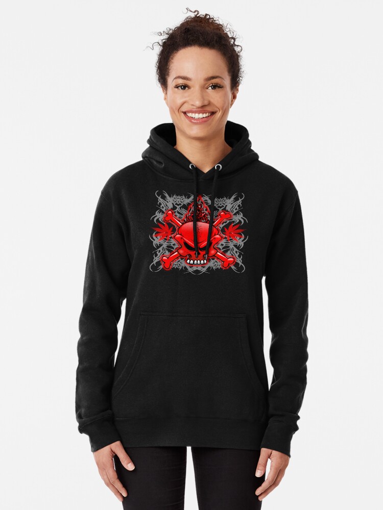 Alternate view of Red Fire Skull with Tribal Tattoos Pullover Hoodie