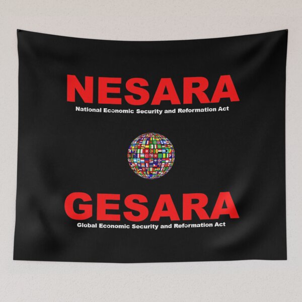 Item preview, Nesara Gesara, in red lettering designed and sold by Art With Impact – Statement Art & Apparel for Deep Thinkers.