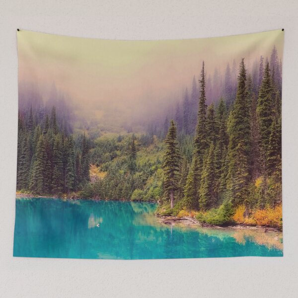 Item preview, Teal lake paradise hills side pine forest blue pink sky countryside designed and sold by August-E.