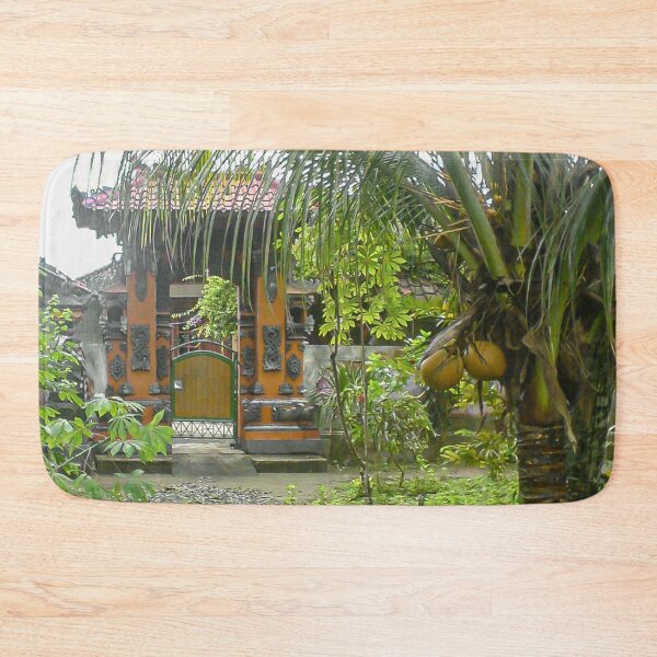 Item preview, landscape gate in an Indonesian village surrounded by greenery and palm trees designed and sold by nataliavavilina.