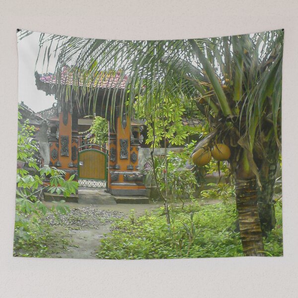 Item preview, landscape gate in an Indonesian village surrounded by greenery and palm trees designed and sold by nataliavavilina.