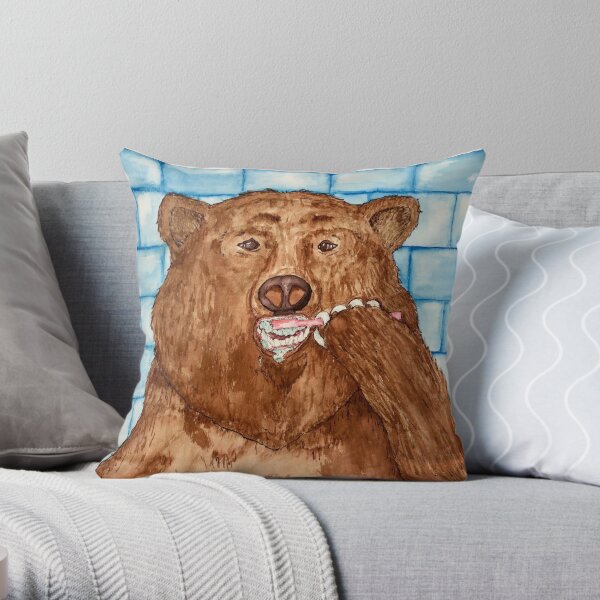 Bear Brushing Teeth Watercolor Illustration Throw Pillow
