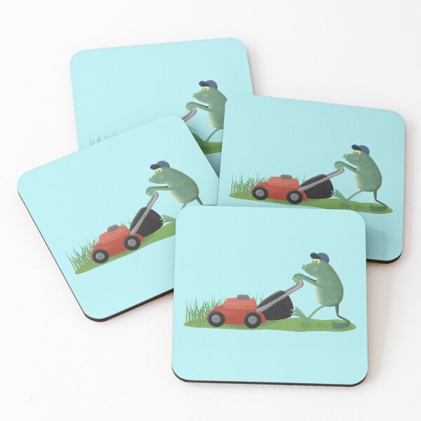 Item preview, Funny green frog mowing lawn cartoon designed and sold by FrogFactory.