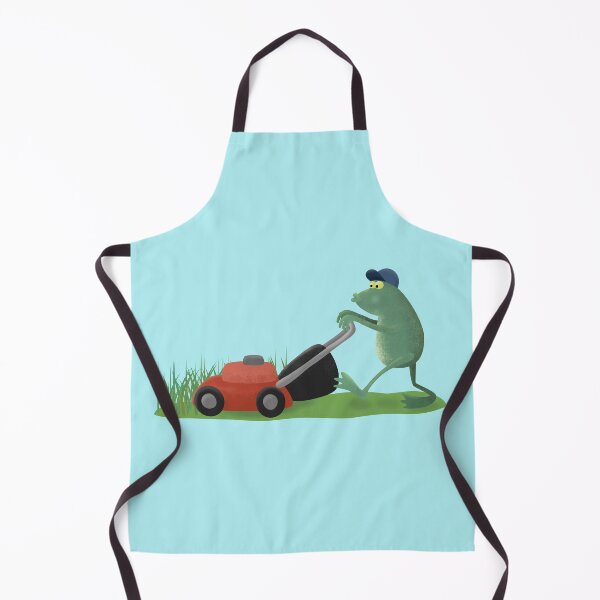 Item preview, Funny green frog mowing lawn cartoon designed and sold by FrogFactory.