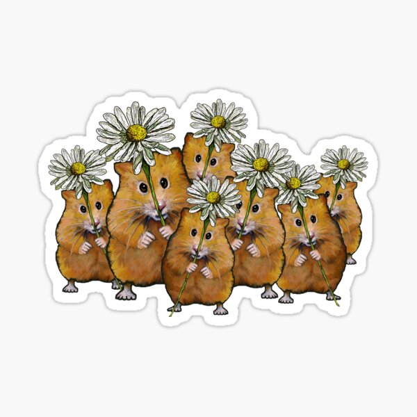 Hamster Group with Daisies, Cute Animals, Whimsical Art, Flowers, Sticker