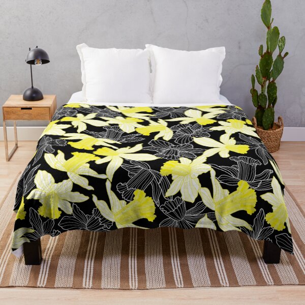 Item preview, White daffodils line art on black background designed and sold by The Pattern Mill.
