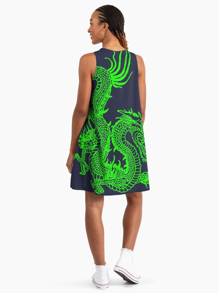Fluo Green Chinese Dragon - Navy A-Line Dress