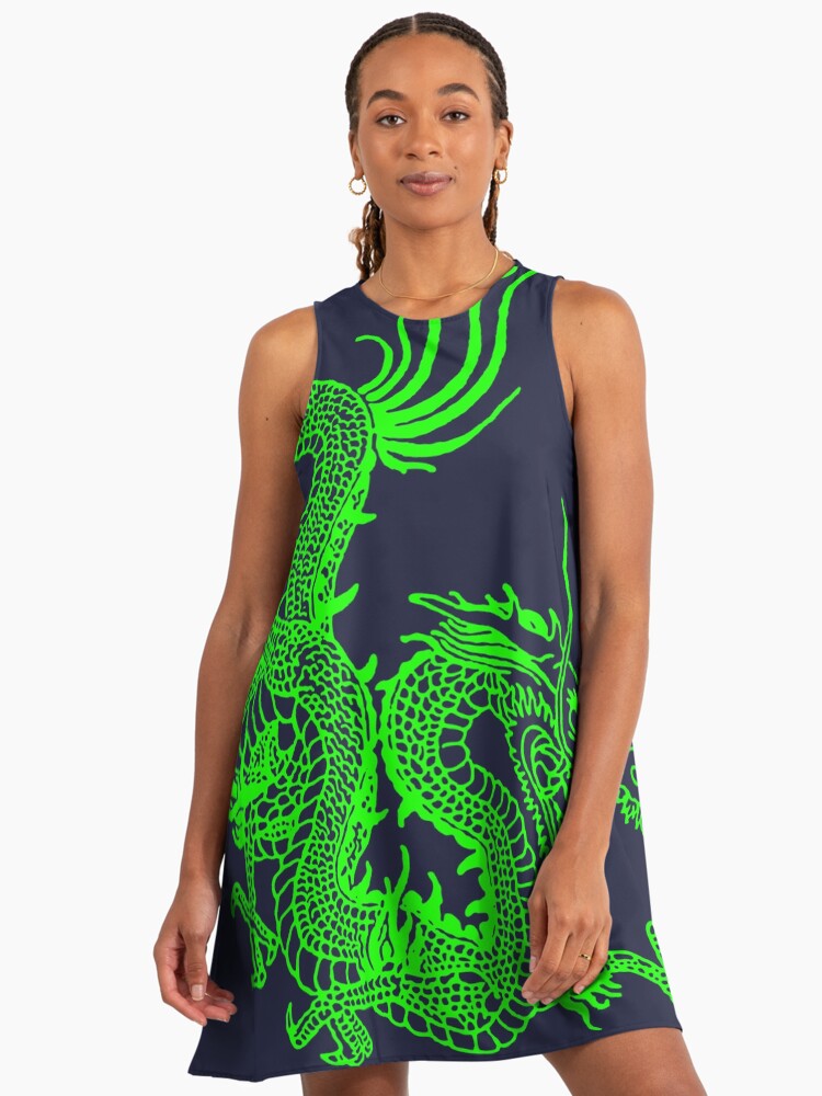 Fluo Green Chinese Dragon - Navy A-Line Dress