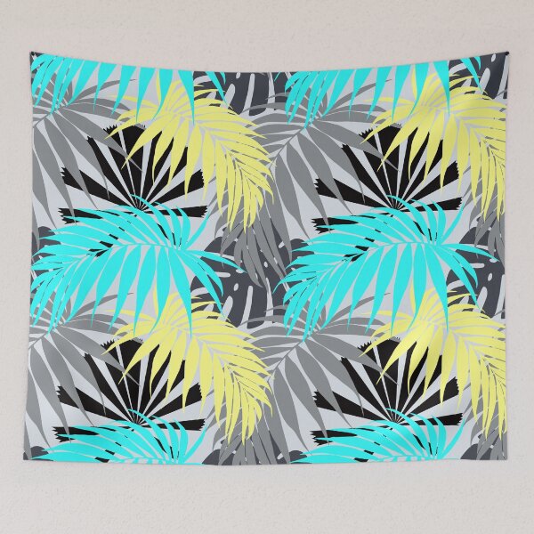 Item preview, Tropicaleaves Palm Monstera in Aqua Yellow and Grey designed and sold by TropicalFronds.