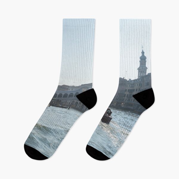 Item preview, Rialto Bridge Traffic - Taxi Boats and Glossy Ripples on the Grand Canal in Venice  designed and sold by Georgia Mizuleva.