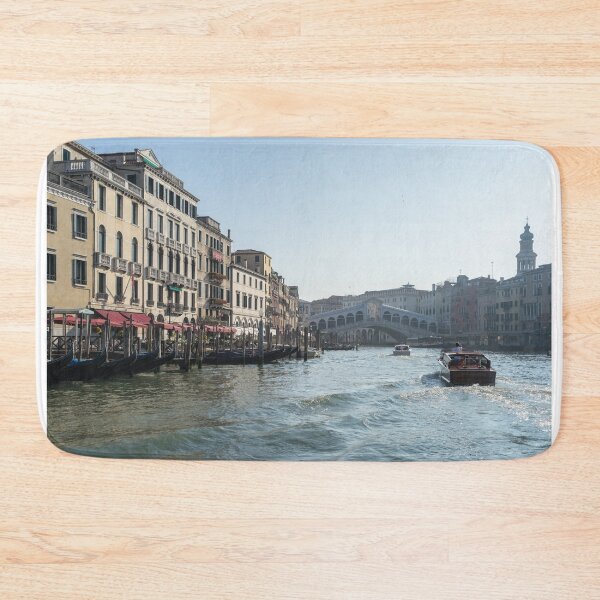 Item preview, Rialto Bridge Traffic - Taxi Boats and Glossy Ripples on the Grand Canal in Venice  designed and sold by Georgia Mizuleva.