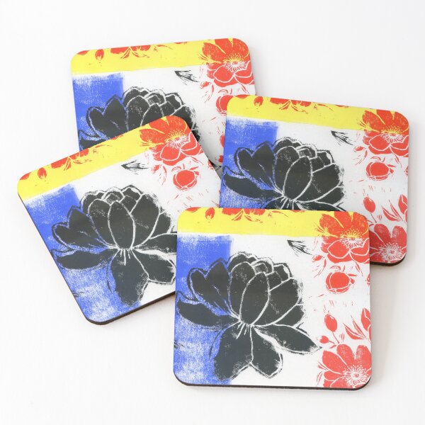 Item preview, abstract flowers in colors of Mondrian: linoprint designed and sold by kosarandrea.