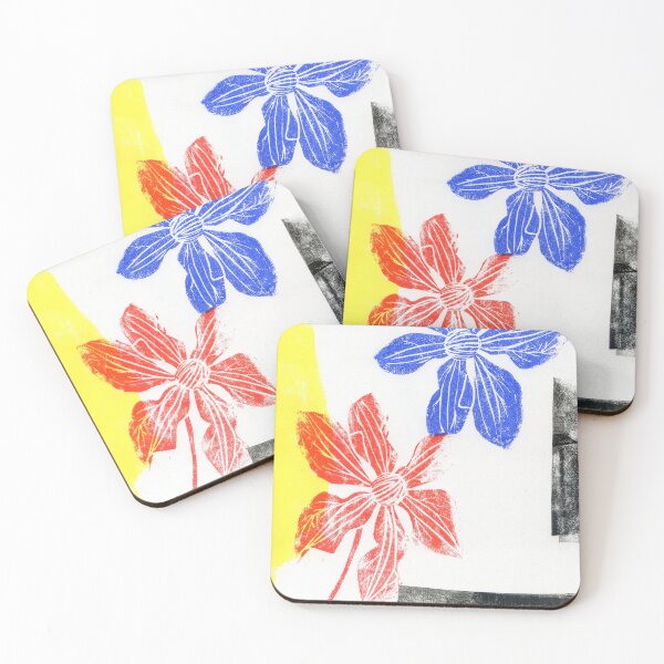 Item preview, blue and red clematises: linoprint designed and sold by kosarandrea.
