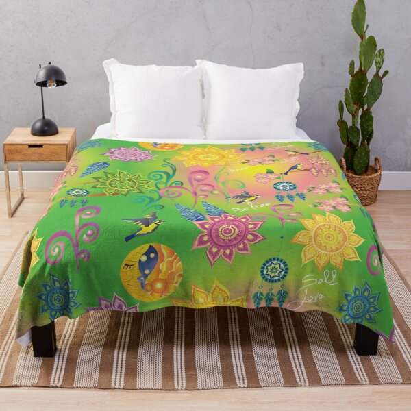 Neon Floral Mandala Dreamcatcher Feathers Cherry Blossom Psychedelic Self Love Pattern Throw Blanket