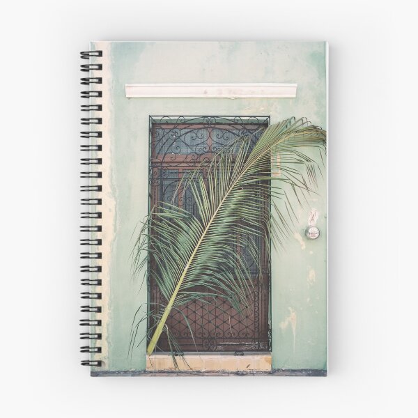 Artikelvorschau, Pastellgrüne Tür mit Palmblatt in Campeche | Mexiko Reisen | Kunstfotografie entworfen und verkauft von slowestsummer.