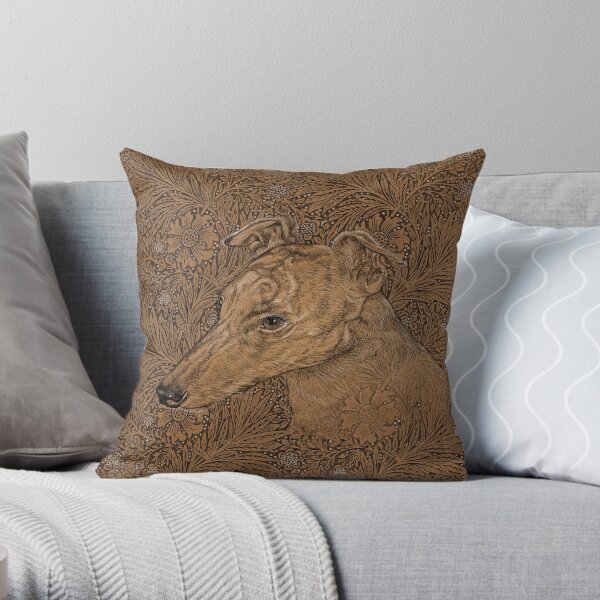 Yumi the greyhound on Morris marigolds Throw Pillow