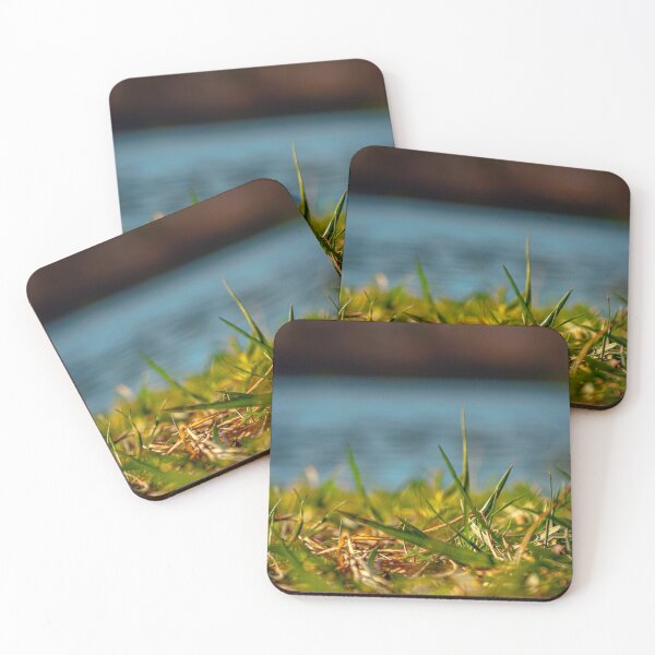 Item preview, Macro Photo of Tiny Green Grass Blades Next to a Blurry Blue Lake designed and sold by dreamline-designs.