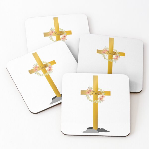 Item preview, Golden Faith Cross with Floral Wreath and Rocky Mound, Gold Cross designed and sold by Cute Designs Shop.