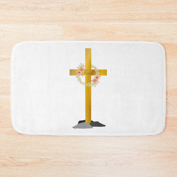 Item preview, Golden Faith Cross with Floral Wreath and Rocky Mound, Gold Cross designed and sold by Cute Designs Shop.