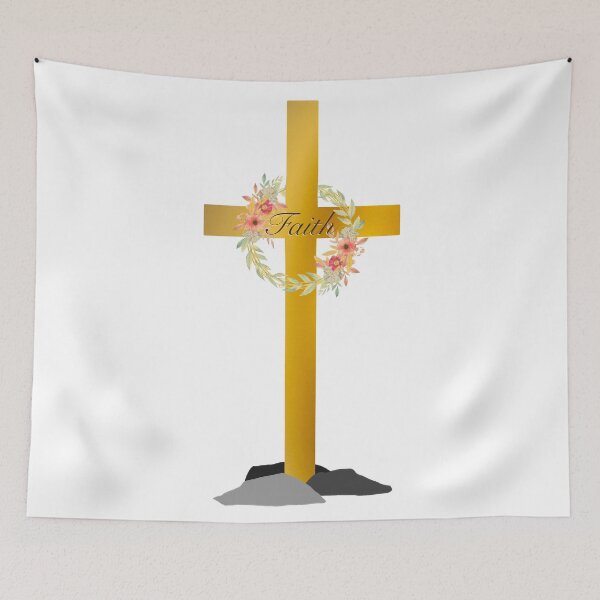 Item preview, Golden Faith Cross with Floral Wreath and Rocky Mound, Gold Cross designed and sold by Cute Designs Shop.