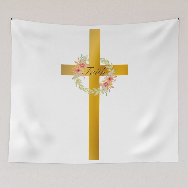 Item preview, Gold Faith Cross with Floral Wreath and Rocky Mound, Golden Cross designed and sold by Cute Designs Shop.