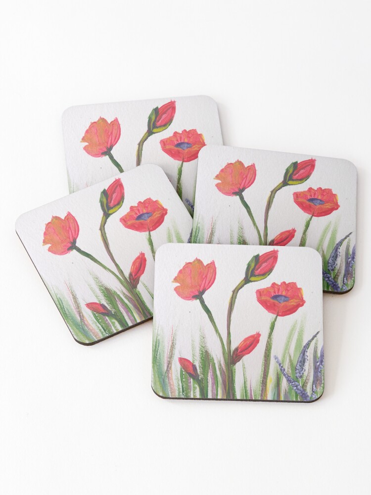 Thumbnail 1 of 5, Coasters (Set of 4), Poppies in a field designed and sold by Rockerbellas.