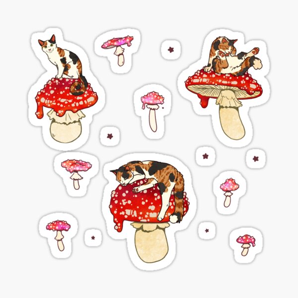Calico Cats on Red Spotted Mushrooms Sticker