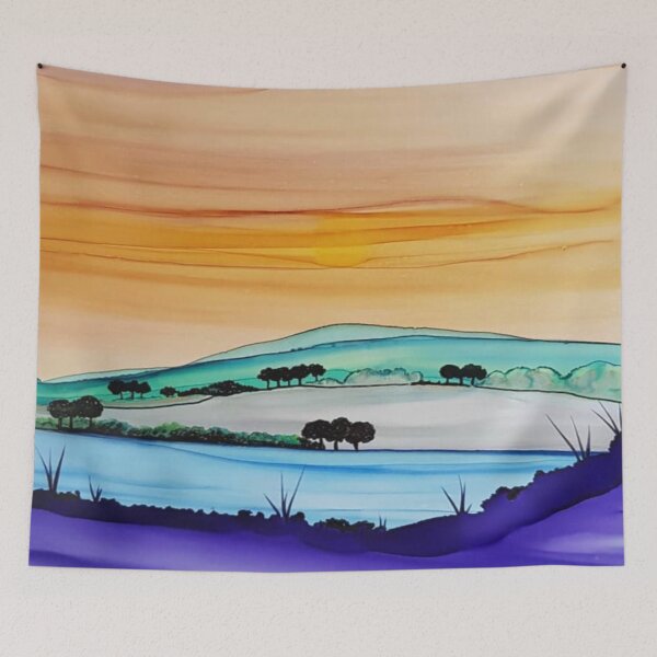 Item preview, Multicolor dream landscape - lake between the hills - alcohol ink  designed and sold by ApArtPaintings.