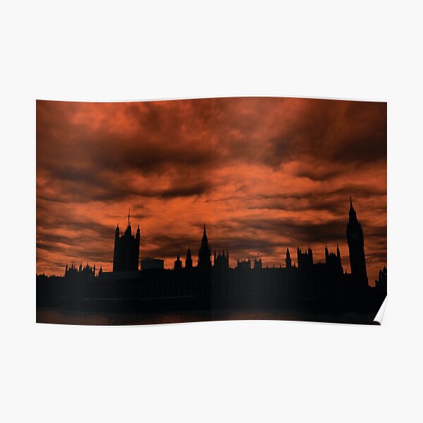 Dramatic Houses of Parliament At Dusk With Orange Clouds Poster